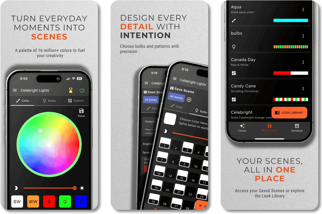 Three Celebright Cloud app screens: a colour wheel with a palette of over 16 million colours, bulb and pattern selection, and a saved scenes list showing Aqua, Canada Day and Candy Cane