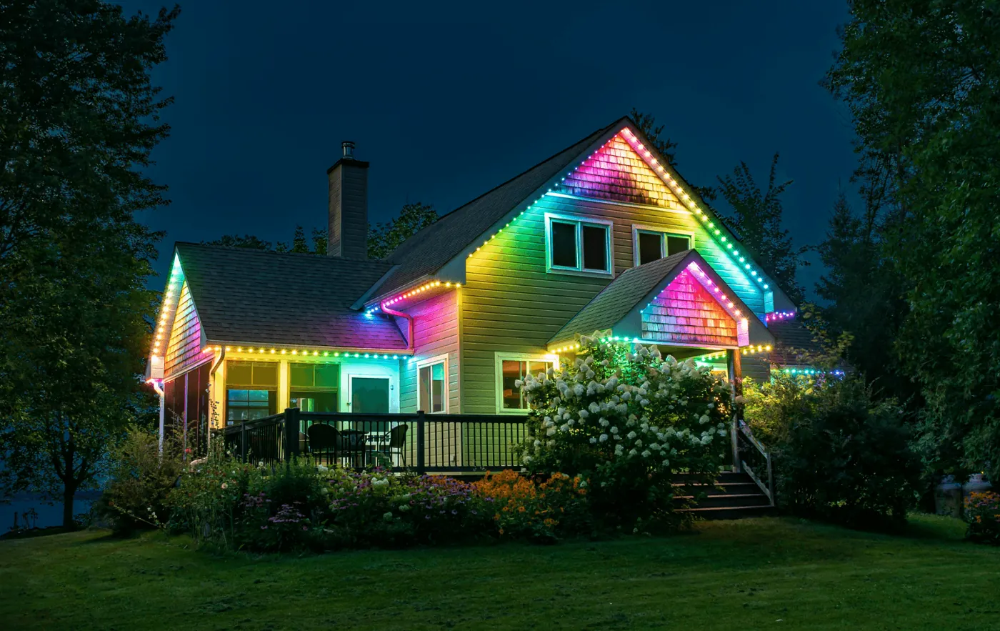 Rainbow roofline lighting on a home