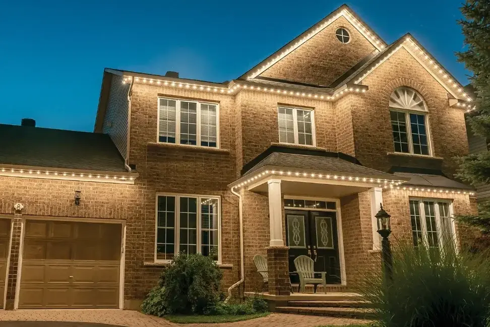 Celebright warm-white roofline lights illuminating a brick home at night