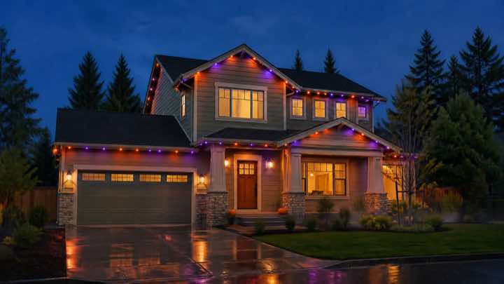 The same home lit for Halloween